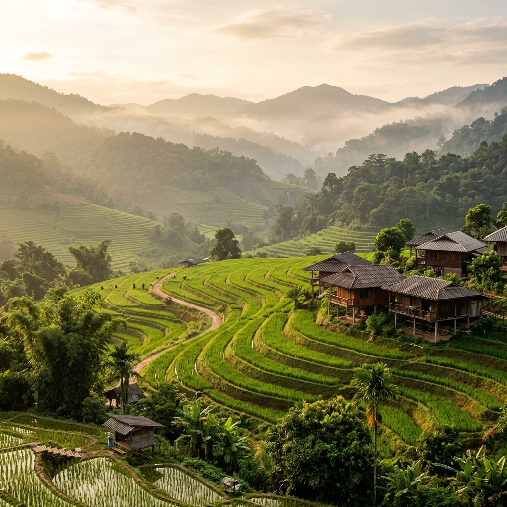 Green mountains and rice fields in Chiang Mai