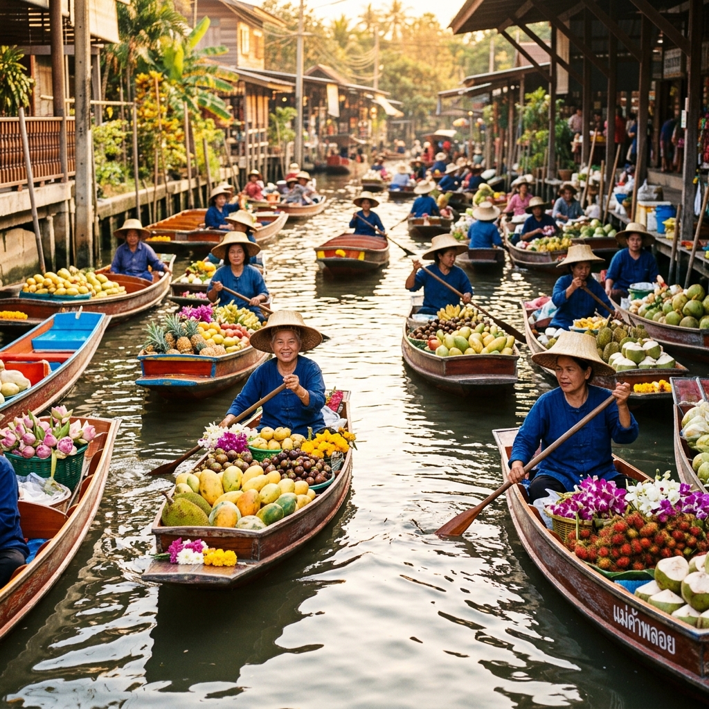 Thai floating market with colorful boats